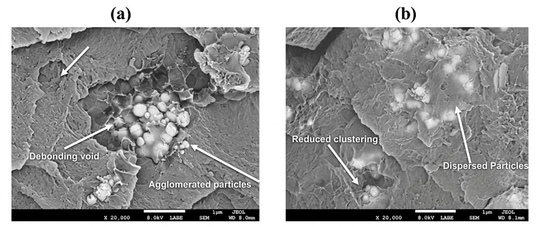 SEM fracture surfaces showing particle agglomeration and dispersion